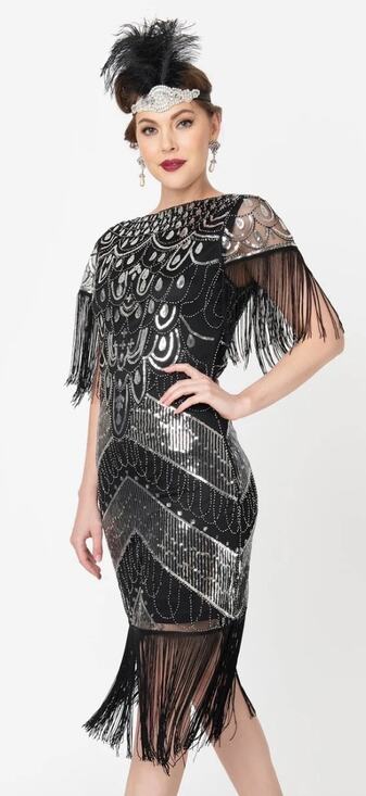 Unique Vintage Dresses & Skirts - Unique Vintage Black & Silver Sequin Fringe Sleeved Laure Flapper Dress M NWOT